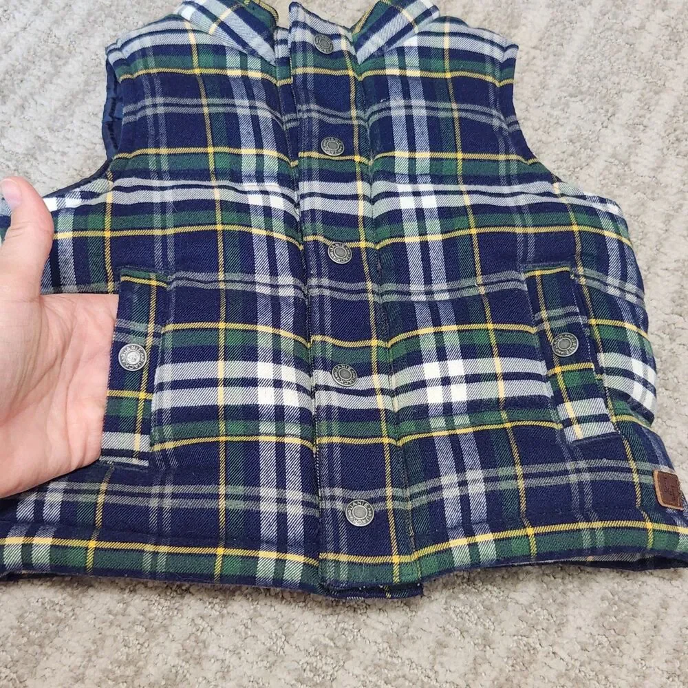 JANIE & JACK toddler plaid flannel puffer vest blue green size 12-18 months